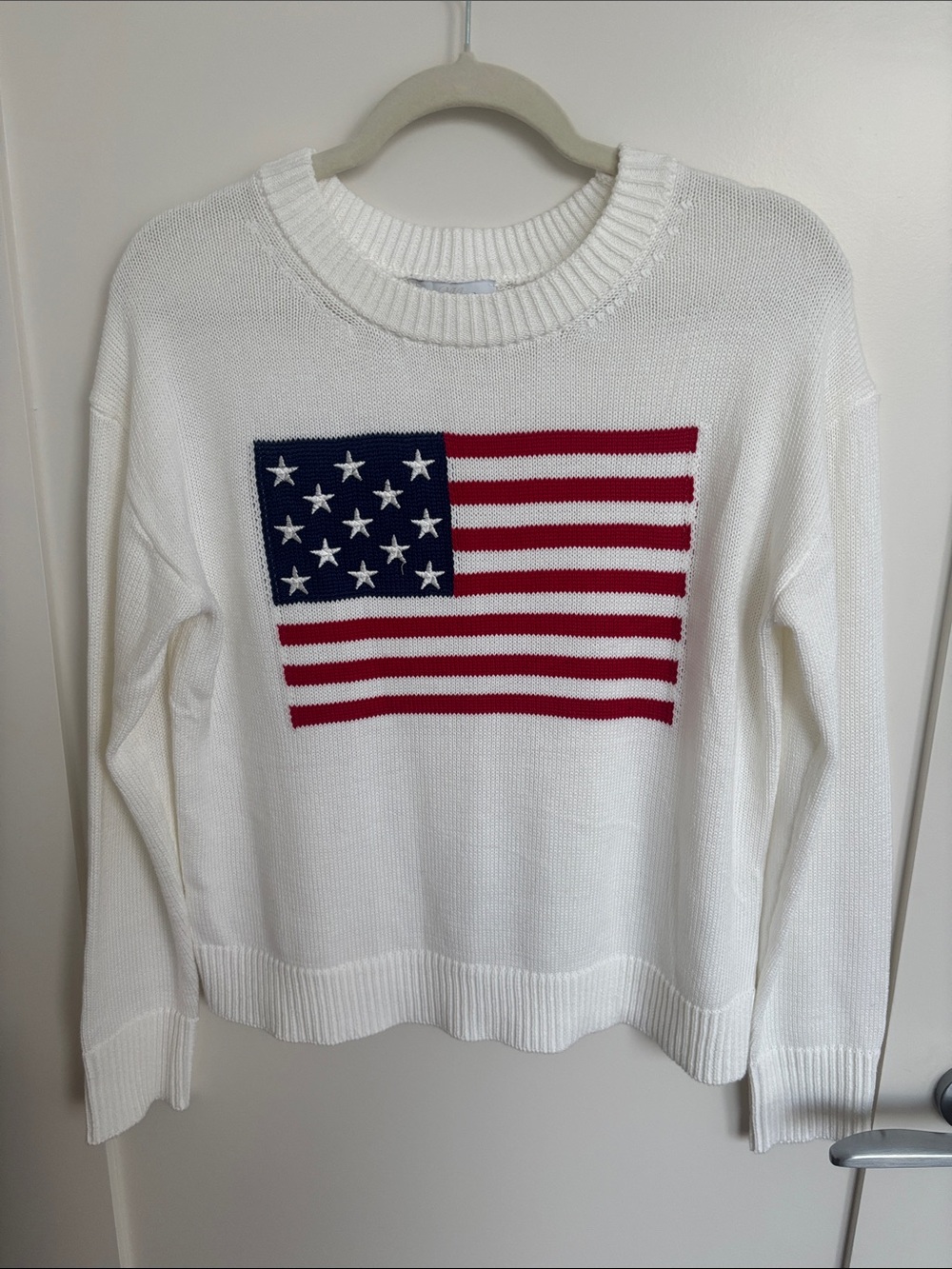 Miracle White Crewneck Sweater with Red & Blue Flag Motif